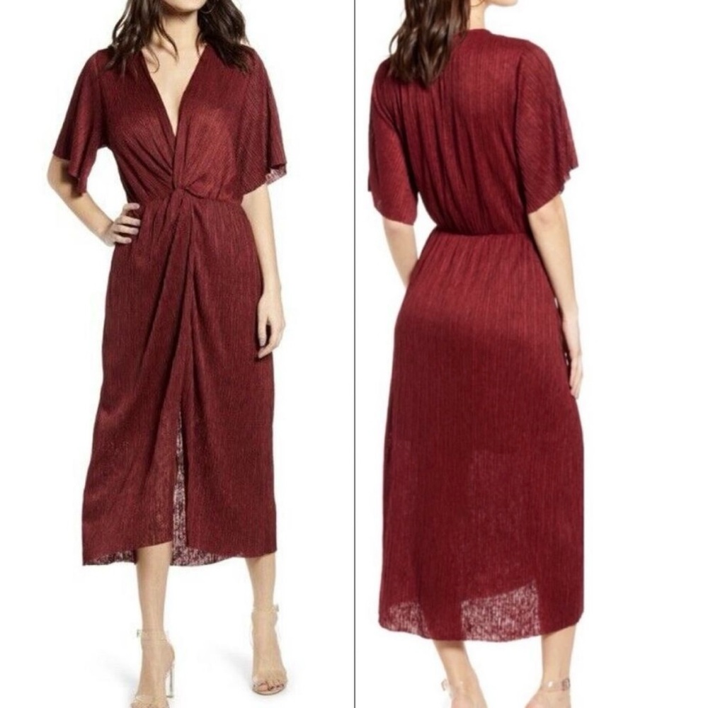 All in Favor womens midi dress slit front pleated